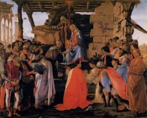 Adoração dos Magos, Botticelli; a família Medici, seus patronos, estão aqui retratados como os Reis Magos.