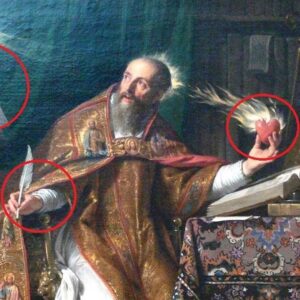 Pintura de Santo Agostinho com os seus atributos assinalados