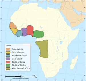Principais regiões de captura e embarque de escravos em África.
