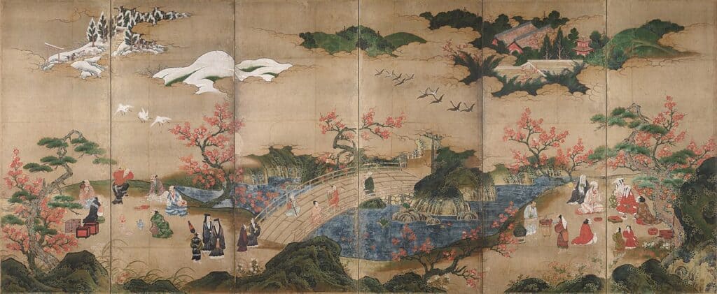 ukiyo-e Vista dos bordos de Takao, por Kanō Hideyori, século XVI