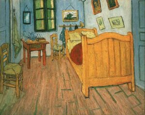Quarto em Arles de van Gogh representa uma cama, janela, mesa, pintado quando artista se encontrava num hospício