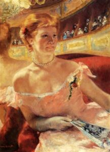 Woman with a Pearl Necklace in a loge, Mary Cassat, 1879
