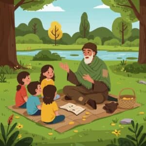 desenho de um contador de histórias a crianças