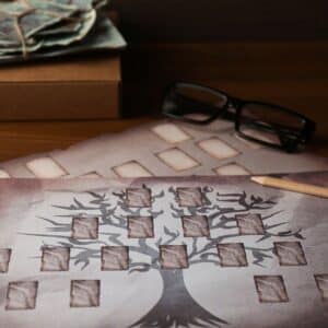 Uma ávore genealogica em papel como capa do curso de Genealogia em Portugal