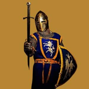 cavaleiro com armadura espada e escudo azul com um simbolo